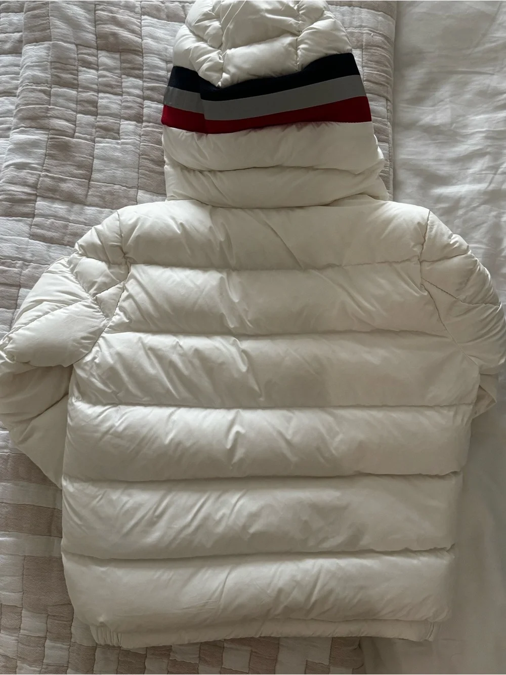 Moncler Kids Natural White Hooded Puffer with Red & Navy Trim